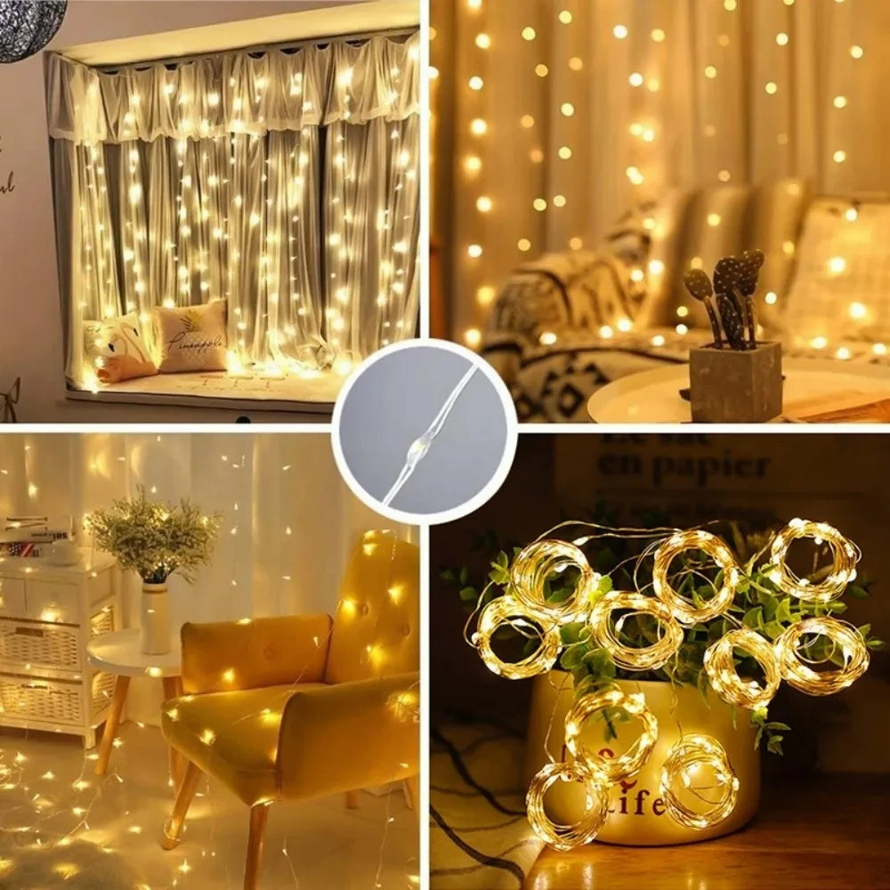 Guirnalda de luces LED de 3Mx1M/2M/3M, luces de hadas USB para Año Nuevo, boda, fiesta festiva, Navidad, decoración de cortina de casa