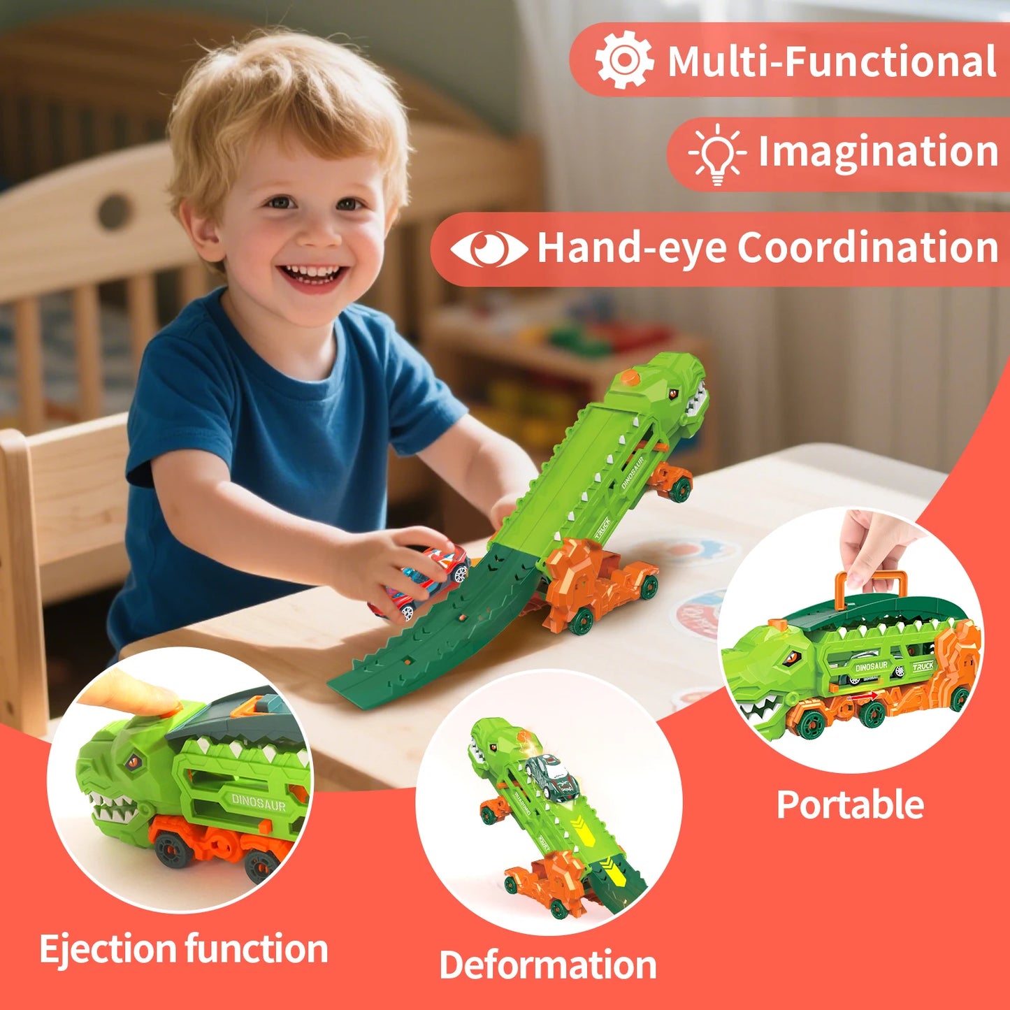 Dinosaur Transport Truck with Fold-out Race Track, Transforms into T-Rex and Standing Tricycle, Best Birthday Gift for Kids
