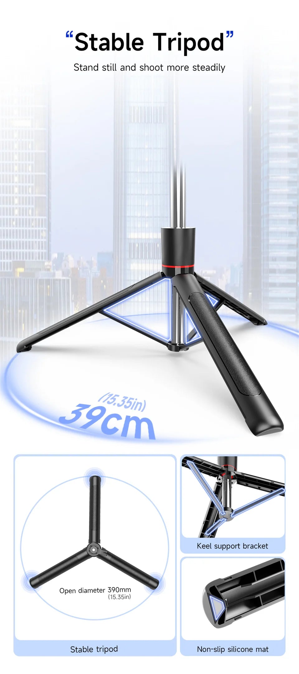Trépied perche à selfie avec lumière de remplissage — 1708mm, télécommande Bluetooth, rotation 360°, interface 1/4