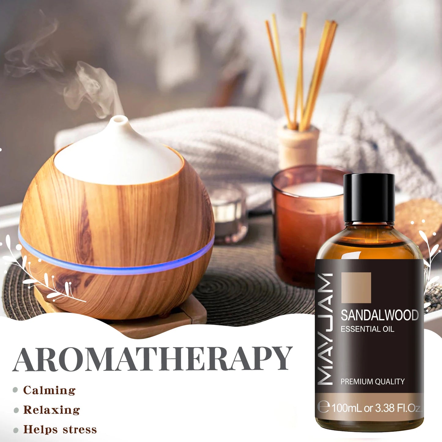 MAYJAM - Aceite Esencial con Cuentagotas, Sándalo, Lavanda, Eucalipto, Vainilla, Aceite Aromático para Humidificador, Quemador de Velas, 100ml