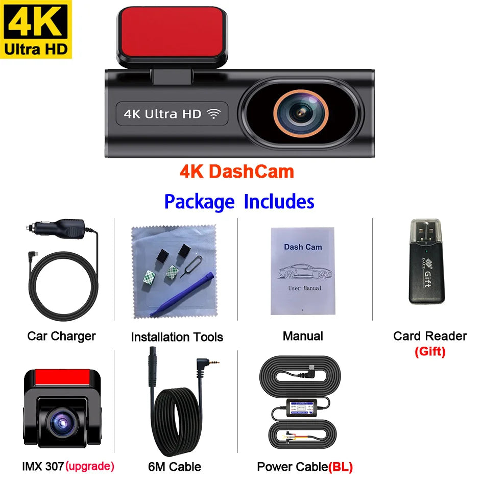 Dashcam Ultra HD 4K — enregistrement en boucle, surveillance stationnement 24H, vision nocturne, caméra arrière, WiFi