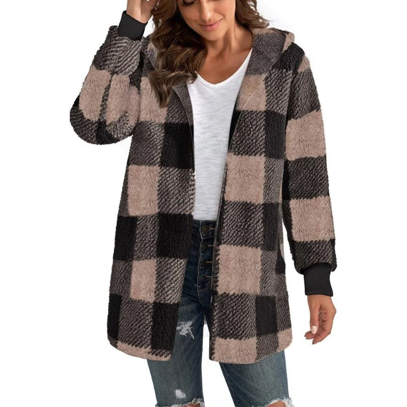 Cardigan Double polaire à carreaux pour femme, doux, ample, manches longues, peluche, chaud, veste à capuche, Patchwork, manteau d'extérieur, automne hiver