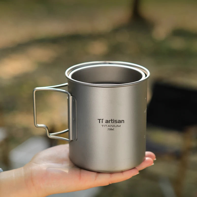 Tiartisan extérieur titane léger Portable thé tasse à café poignée pliante Camping tasse d'eau pour randonnée voyage