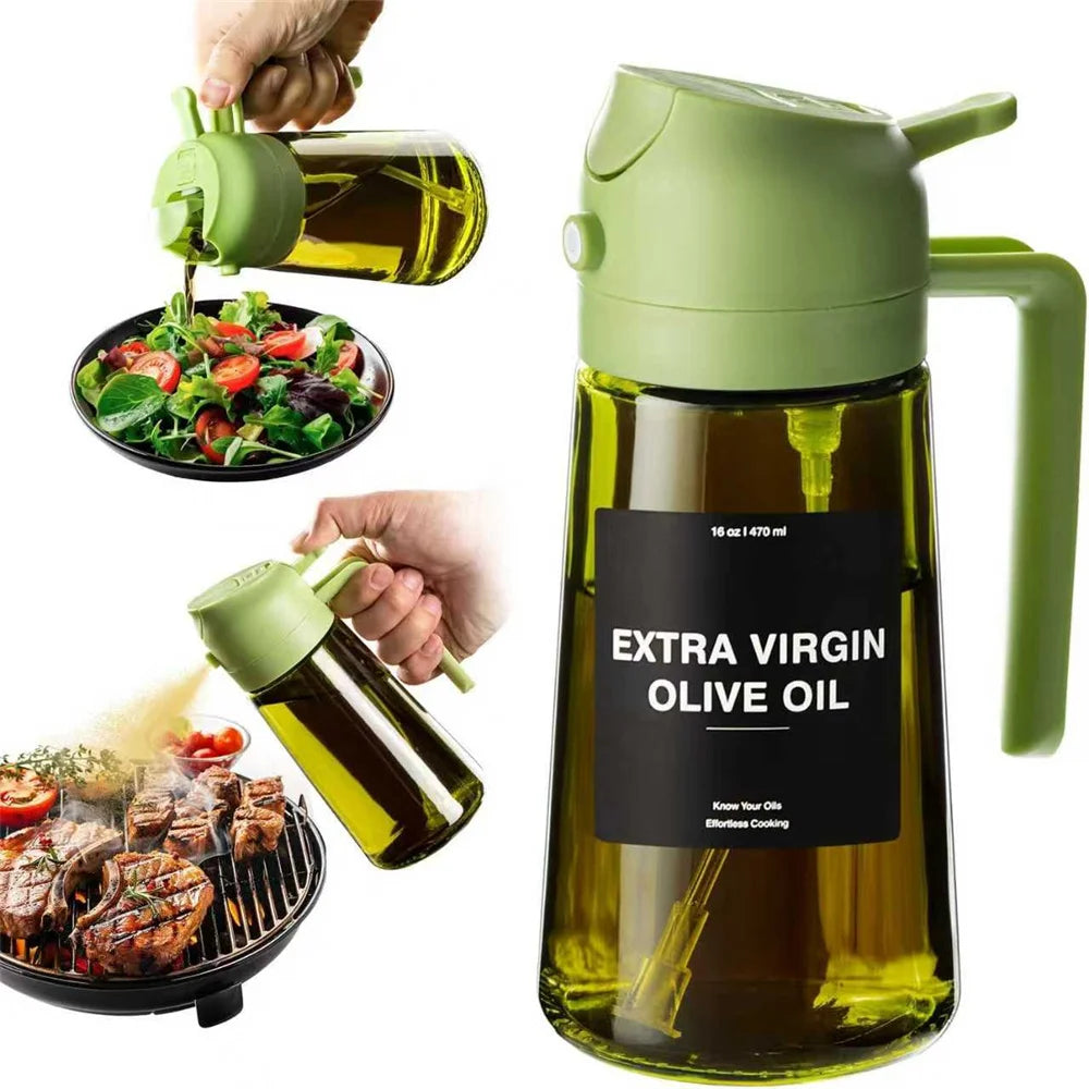 Pulvérisateur d'huile pour la cuisine de 470 ml, distributeur d'huile d'olive 2 en 1 et flacon pulvérisateur d'huile, vaporisateur d'huile avec autocollants, flacon pulvérisateur en verre épais