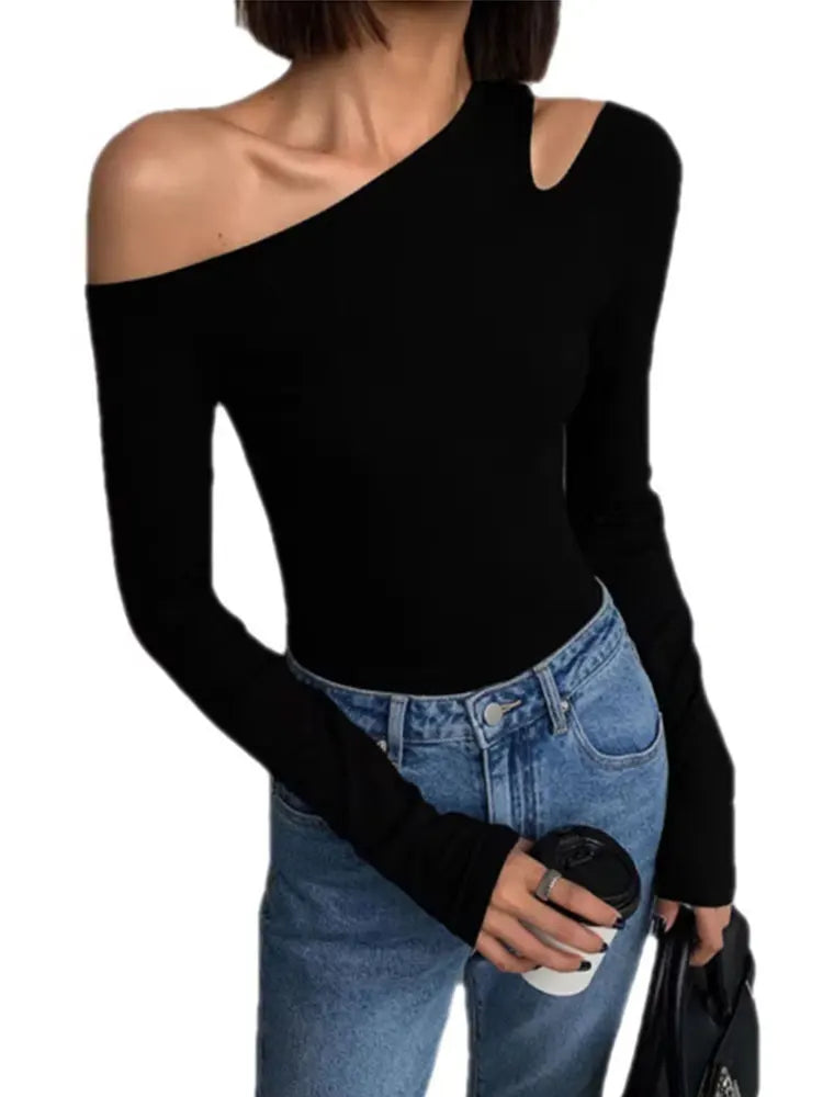 T-Shirt Épaules Dénudées Col Incliné Femme — Manches Longues Haut Court Sexy