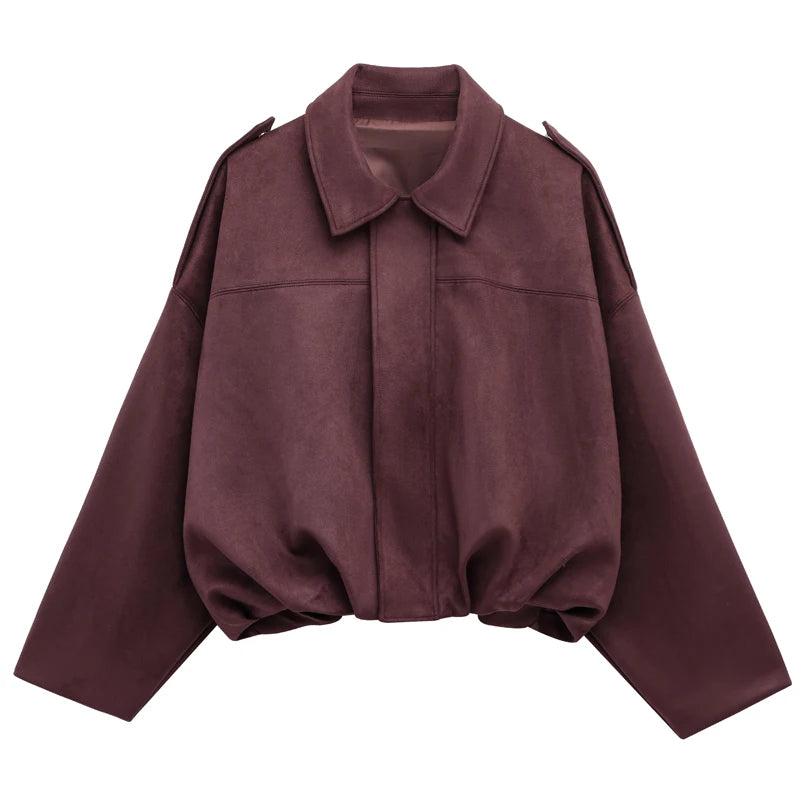 Veste bomber femme en daim — revers, fermeture éclair, manches longues, recadrée, 2025