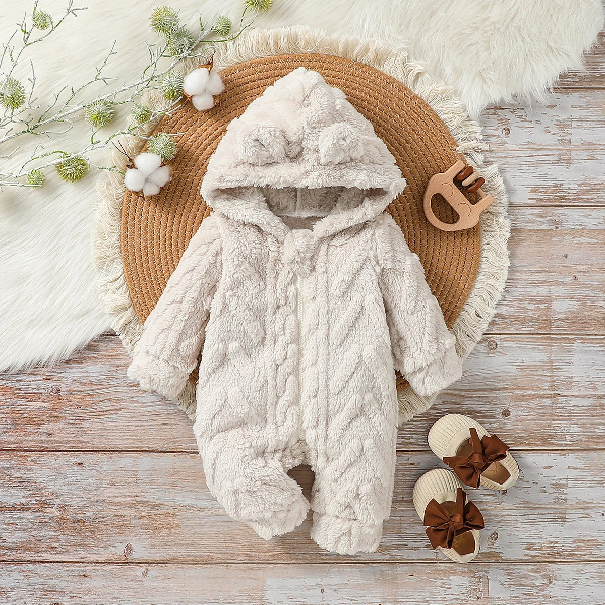 Baby Boys Winter Long Sleeve Solid Plush Hooded Zipper Fashion Jumpsuit for Newborn Warm Clothes