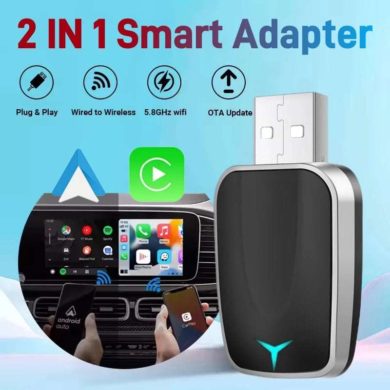 Dongle Sans Fil 2 en 1 Voiture — Adaptateur Automatique Boîte IA Filaire Vers Sans Fil