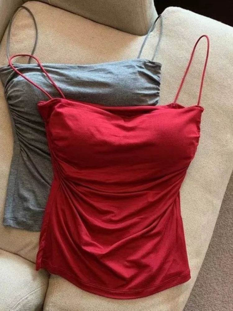 Débardeur plissé sans manches pour femme, coupe ajustée, style sexy, court, avec fines bretelles, couleur unie, simple et tendance