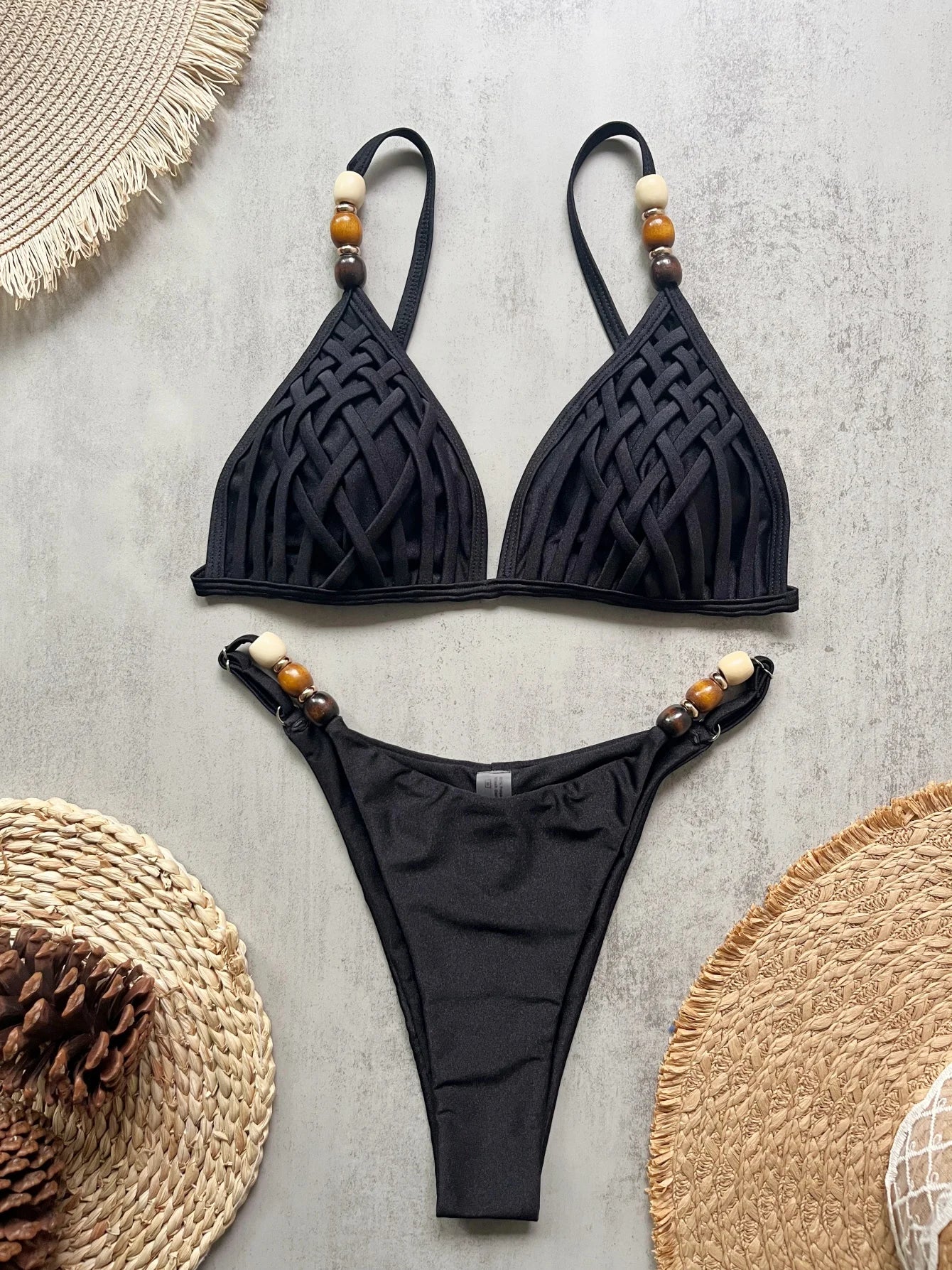 Sexy marron Bikini ensemble 2026 femmes perles sangle trou sur Push Up soutien-gorge string maillot de bain brésilien plage maillot de bain Micro maillots de bain