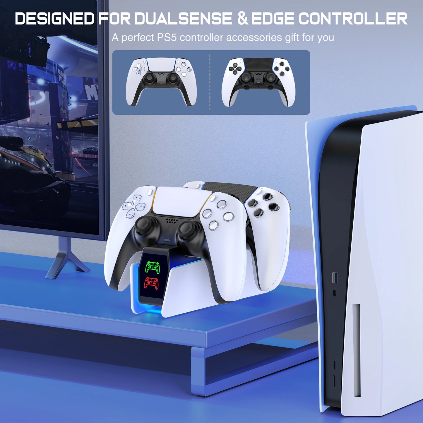 Estación de carga de controlador RGB para PS5, cargador rápido doble, indicador RGB, soporte de carga, estación de acoplamiento para mando de juego PS5