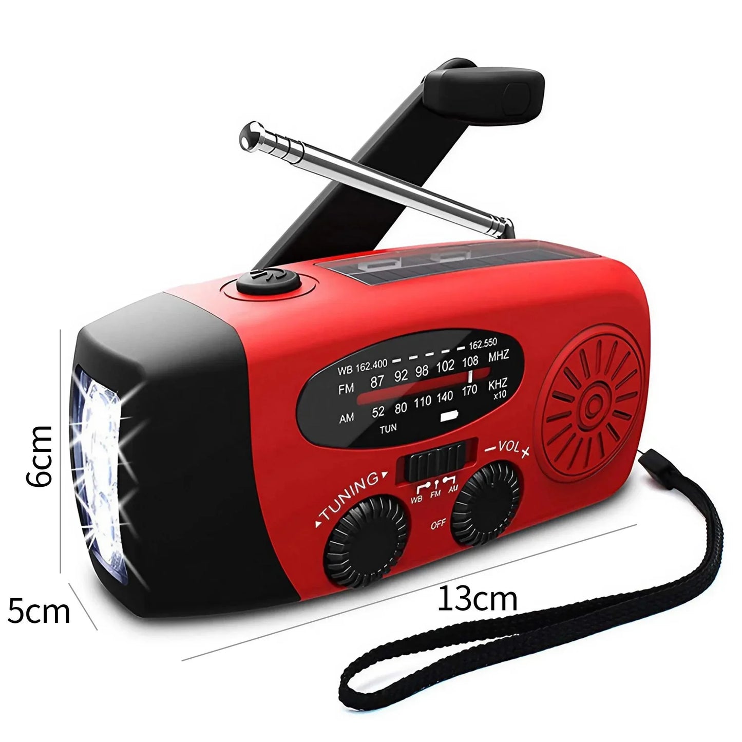 Radio météo d'urgence multifonctionnelle, FM AM WB, manivelle, charge USB solaire, batterie externe 2000mAh, lampe torche LED