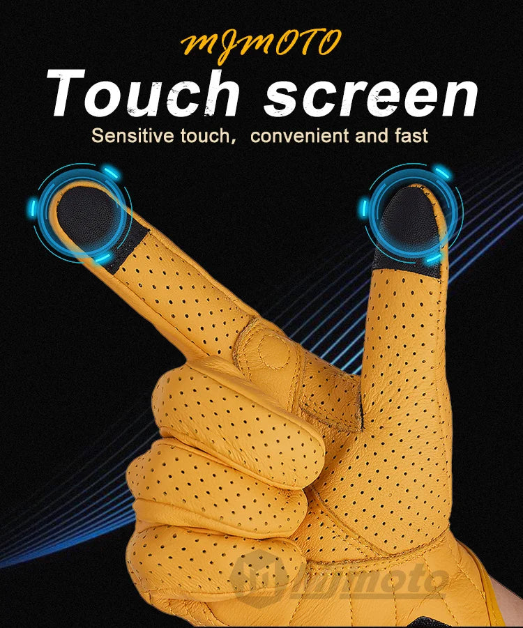 Gants de Moto Rétro en Cuir Jaune pour Homme et Femme, Accessoire Perforé et Respirant pour Course de Vélo, Écran Tactile, Motocross