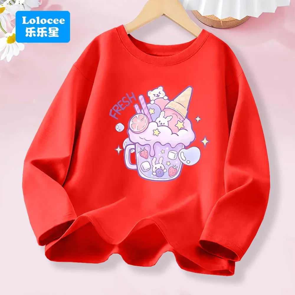T-shirt rose à manches longues pour filles de 3 à 14 ans, haut en coton pour enfants, mignon "FRESH", imprimé boisson et Animal, nouvelle collection printemps 2026