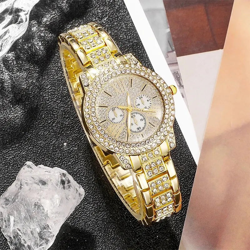 Women's Luxury Gold Quartz Watch, Jewelry Set, Ring, Necklace, Earrings, Rhinestones, Casual Fashion