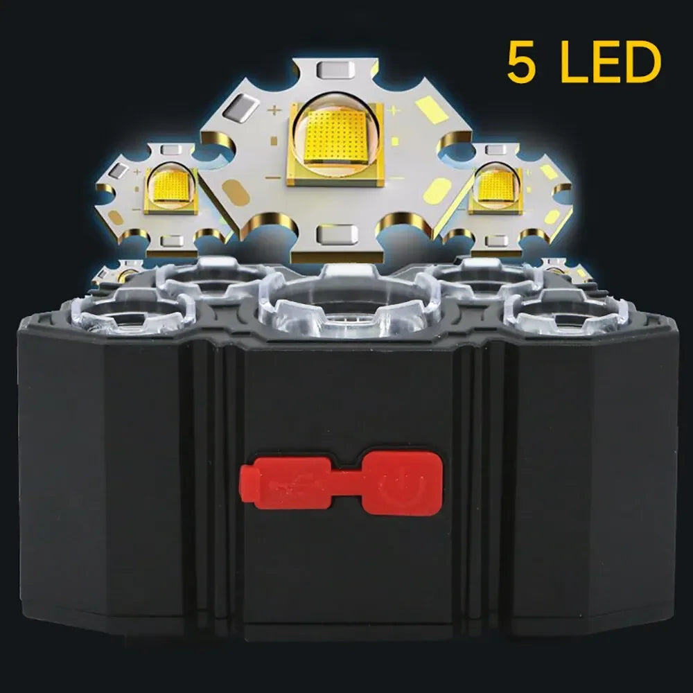 Lampe de poche à 5 LED, Rechargeable, avec batterie au Lithium intégrée, phare puissant, pour Camping, aventure, pêche, cyclisme