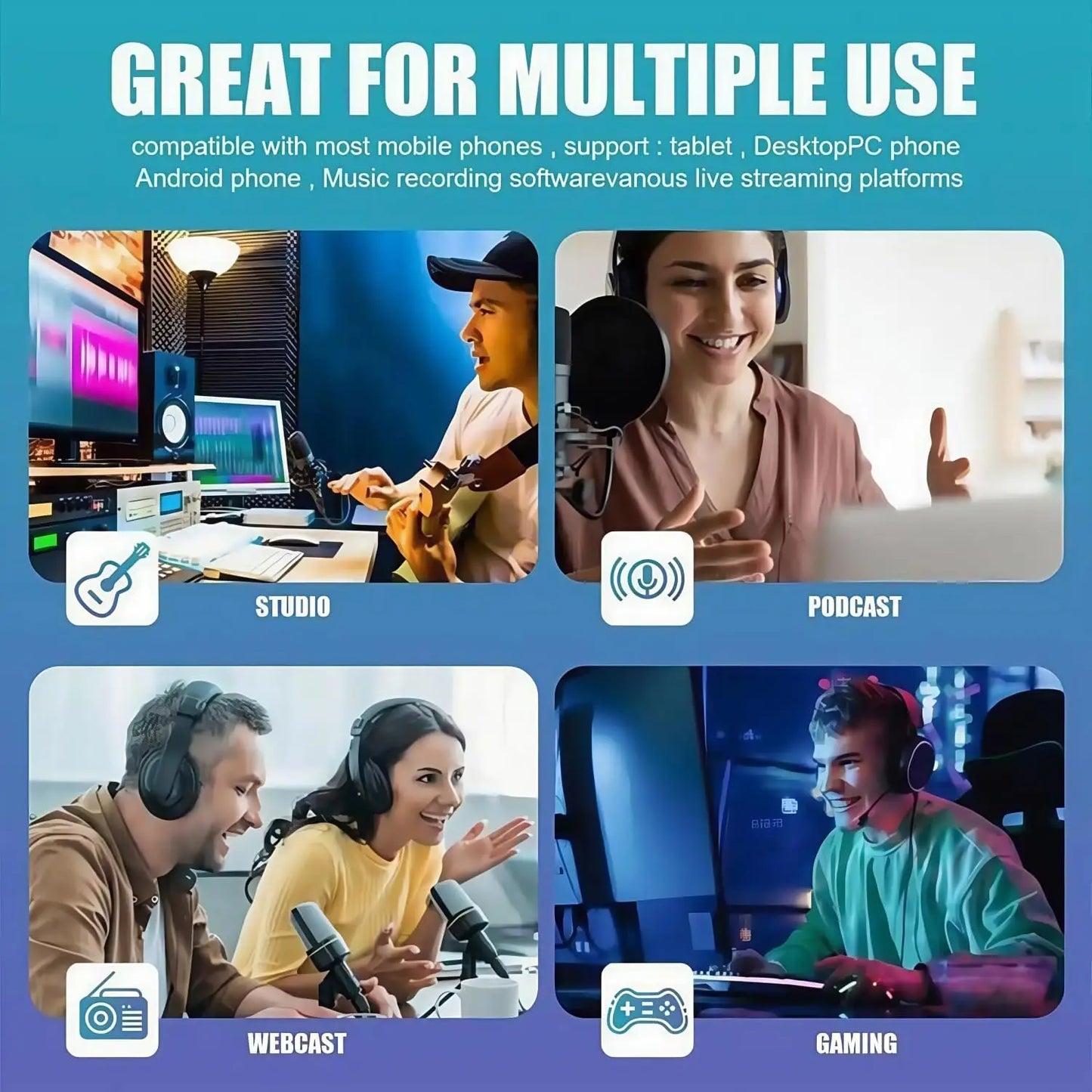 F998 — Kit Studio Podcast Complet Carte Son, Microphone & Mélangeur