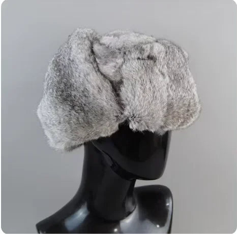 Men's Rabbit Fur Hat Winter Genuine 100% Fur Bomber Hat Warm Windproof Earmuffs Male Flat Grey/Black Russian Fitted Cap