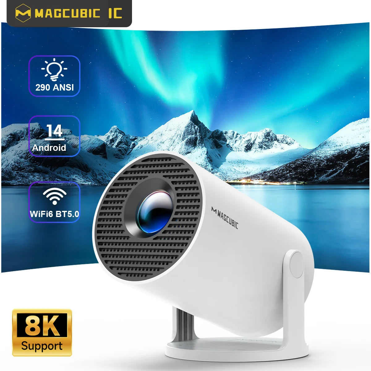 Projecteur magnétique 8K Android 14 — double WiFi6, 290 ANSI, BT5.4, 1080P, cinéma maison extérieur