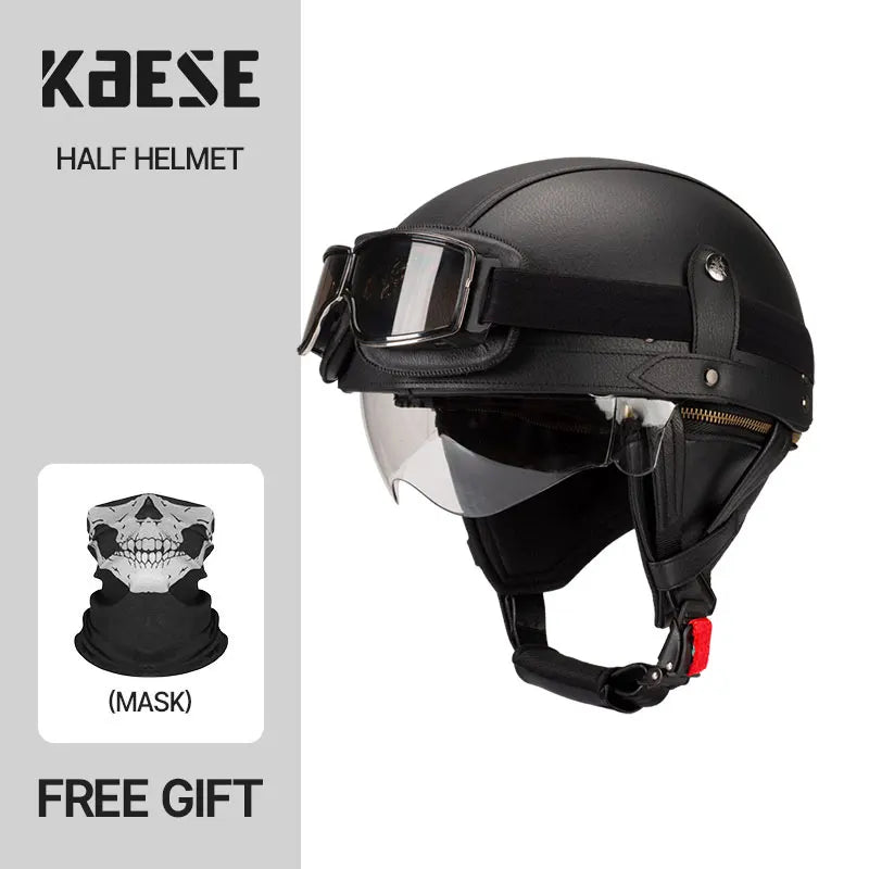 Casque Moto Demi-Visage Vintage DOT — Homme Femme Scooter Été Noir Marron