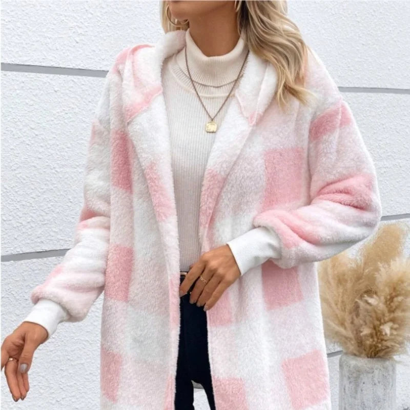 Cardigan Double polaire à carreaux pour femme, doux, ample, manches longues, peluche, chaud, veste à capuche, Patchwork, manteau d'extérieur, automne hiver