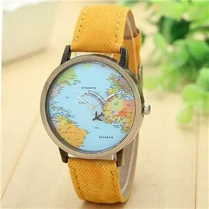 2022 moda mundial mapa del mundo avión mezclilla tela banda casual hombres mujeres relojes de cuarzo reloj regalo Horloges Relógio