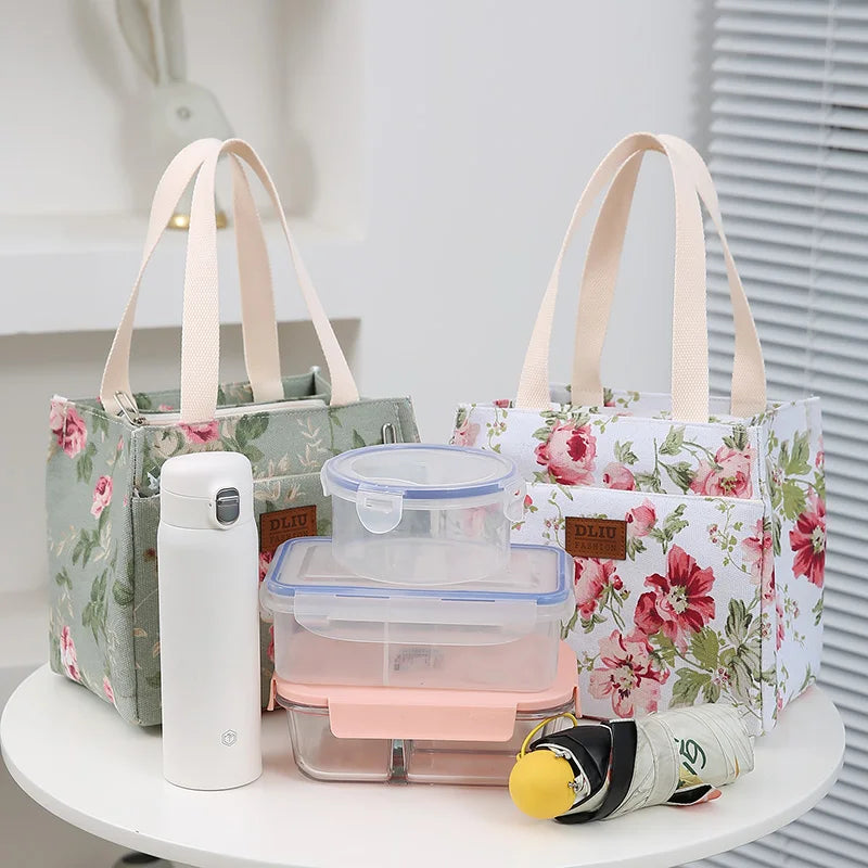 Sac à déjeuner esthétique imprimé Floral, sac à Bento isolé de grande capacité, sac à main isotherme pour l'école, le travail, les voyages et le pique-nique
