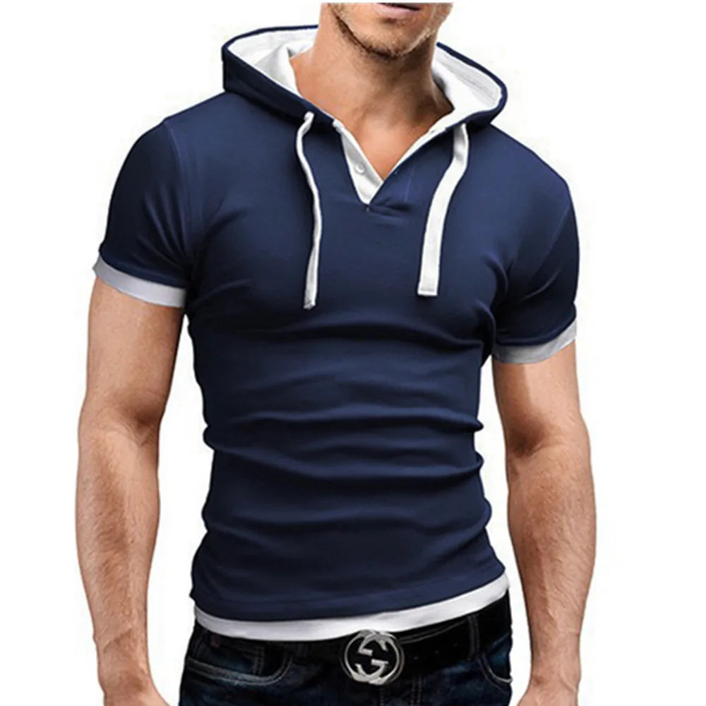 T-shirt homme 2026 été slim fitness — capuche, manches courtes, sportswear, 3XL