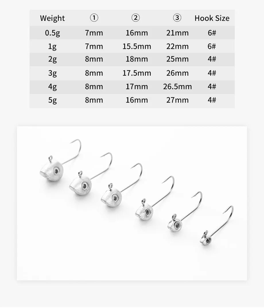 Mini crochet à tête de gabarit avec yeux 3D, leurre souple, ver de pêche, bar, crappie, 0.5g, 1g, 2g, 3g, 4g, 5g, 10 pièces