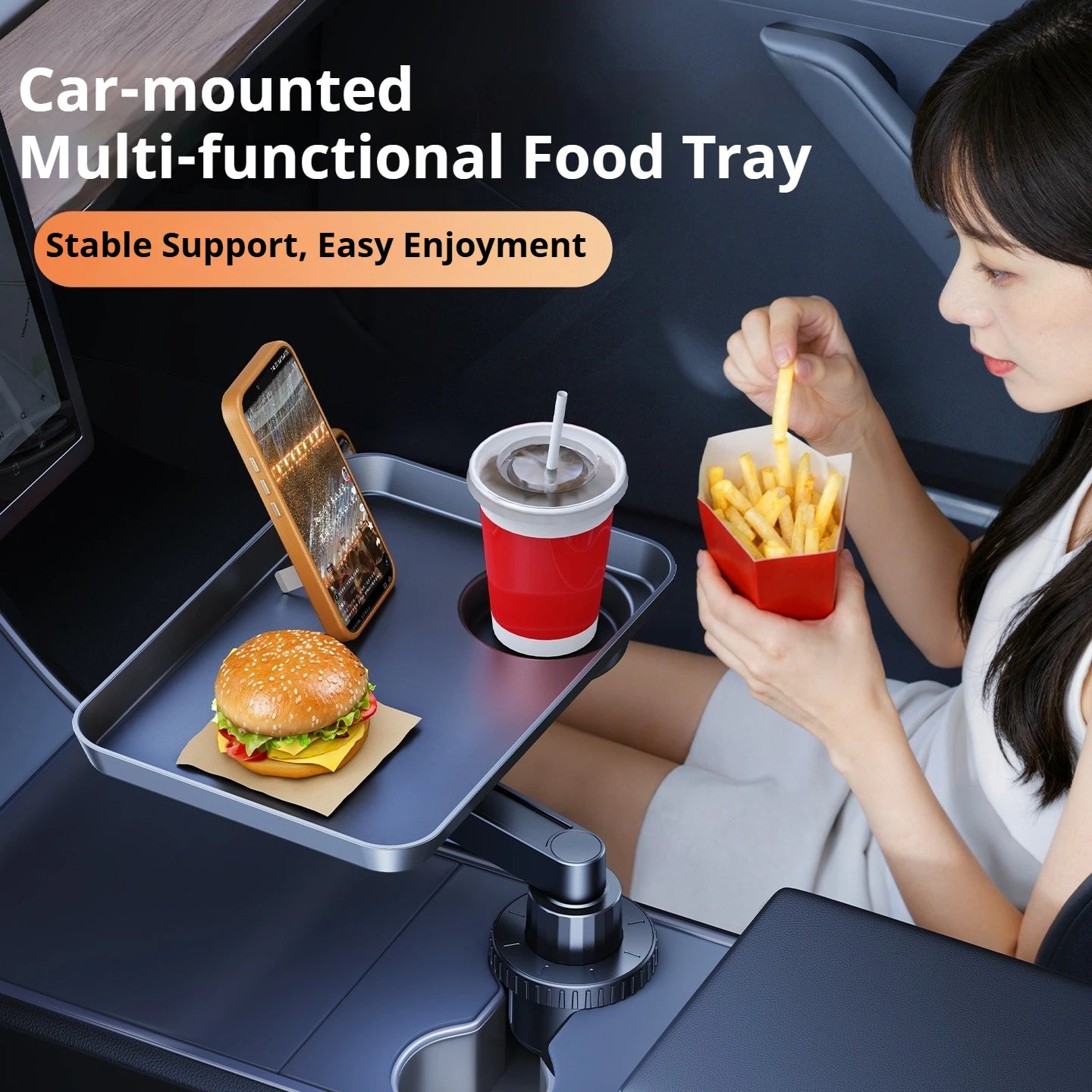 Tablette de table pivotante pour porte-gobelet de voiture Eary, plateau de repas pour siège avant/arrière, support pour manger, boire et sauces, idéal pour les voyages en voiture