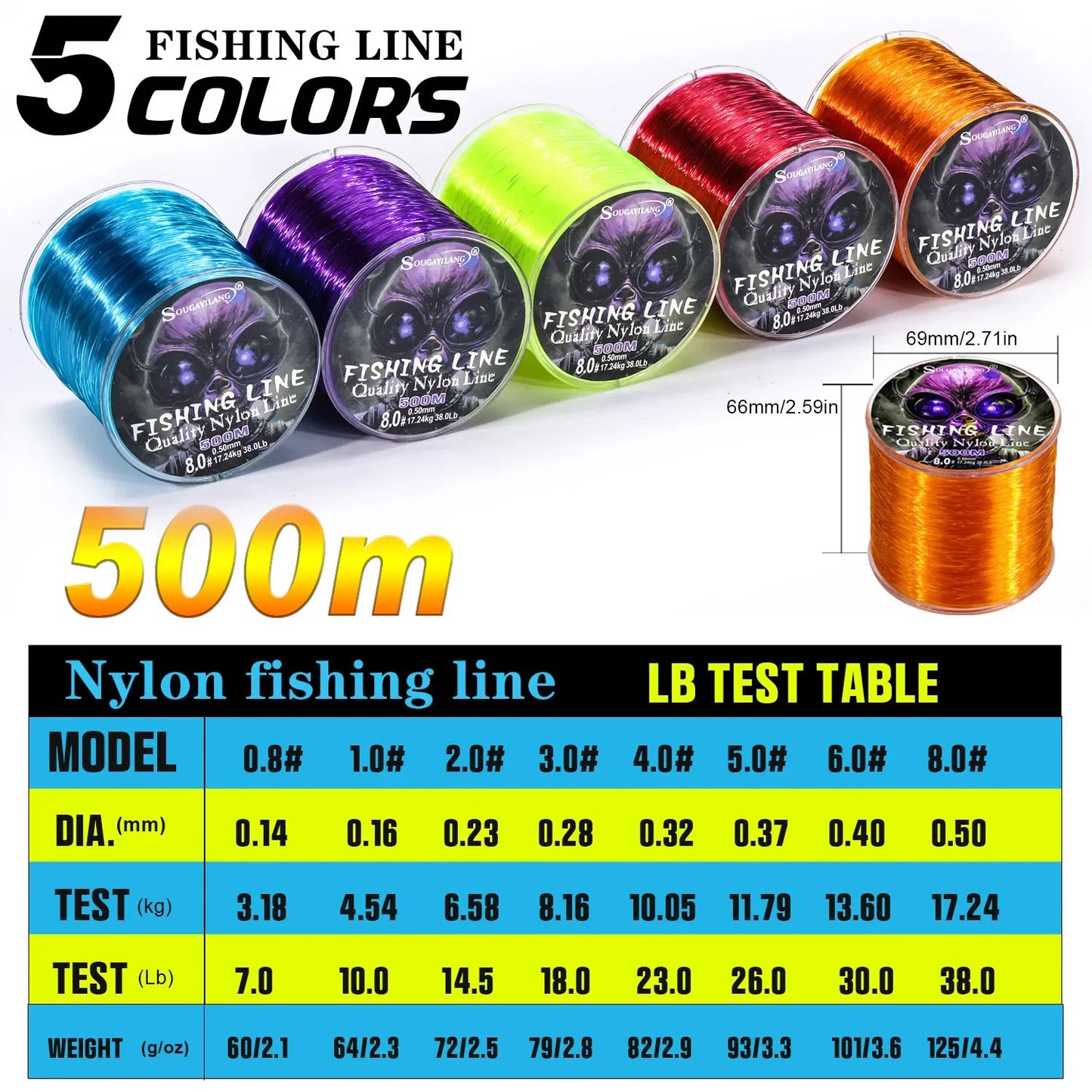 Sougayilang ligne de pêche en Nylon ligne de pêche forte à la traction et résistante à l'usure capacité de 500m ligne de pêche en eau douce et salée
