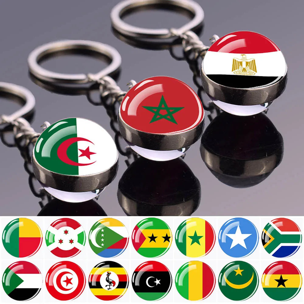 African Flag Keychain, Algeria, Somalia, Tunisia, Morocco, Egypt, National Flag, Double-sided Glass Ball Pendant, Gift