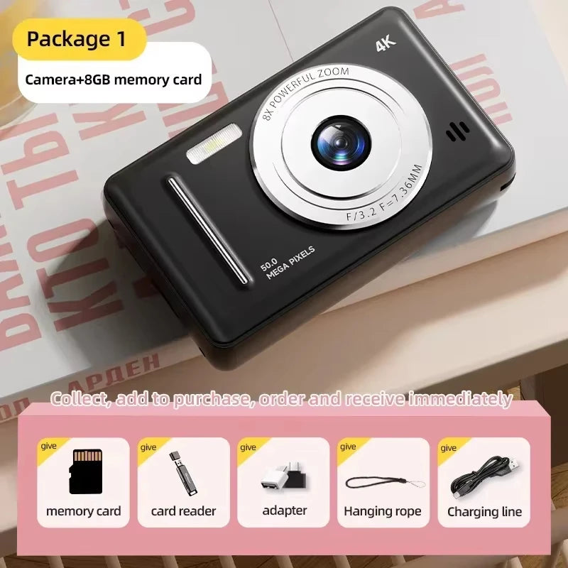 Appareil photo numérique rétro CCD portable — double caméra, flash, 50 MP, mise au point automatique
