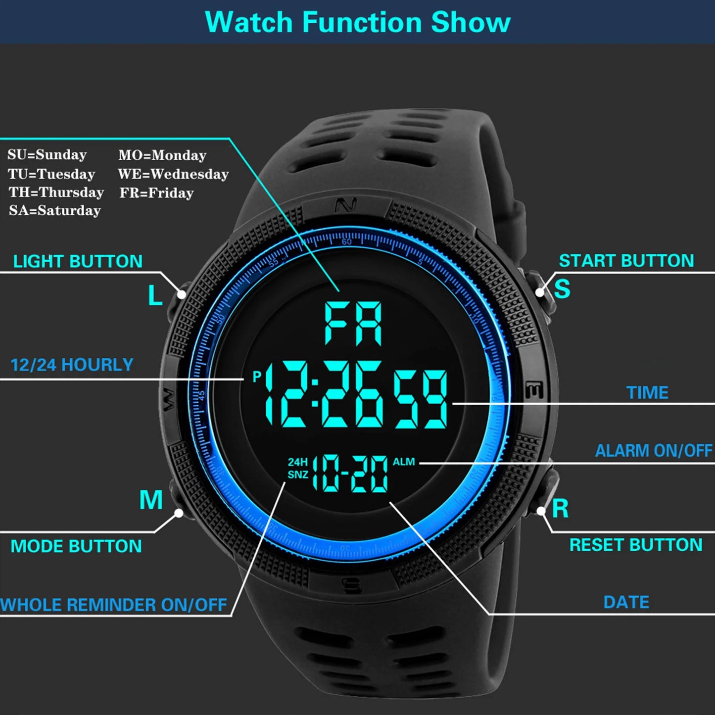 Reloj deportivo digital para hombre, impermeable, informal, luminoso, cronómetro, alarma, reloj militar sencillo para correr, escalar, pescar