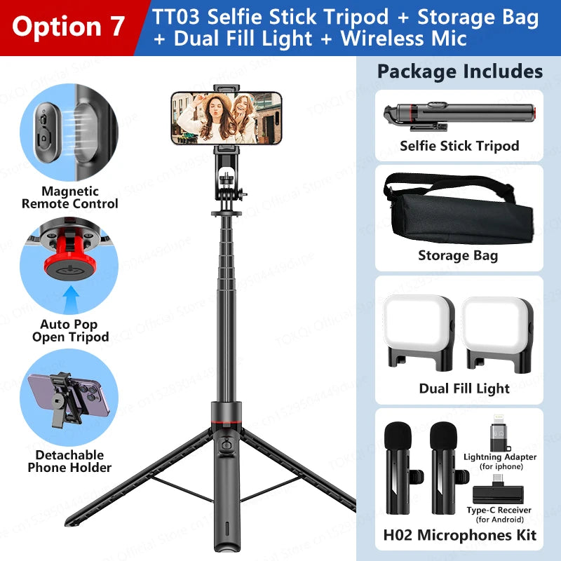 TOKQI TT03 — Perche à Selfie Extensible 1.76m Ouverture Auto Télécommande Magnétique