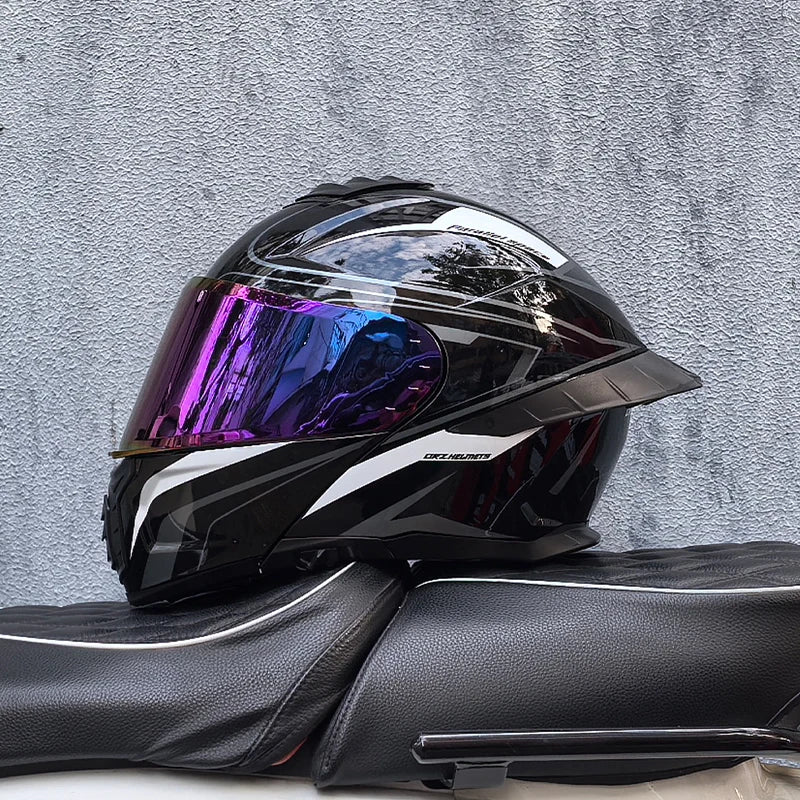 Casque de moto intégral ORZ-B08A, motif Mecha brillant, casque de course, casque de sécurité certifié DOT de Style italien avec Vi teinté