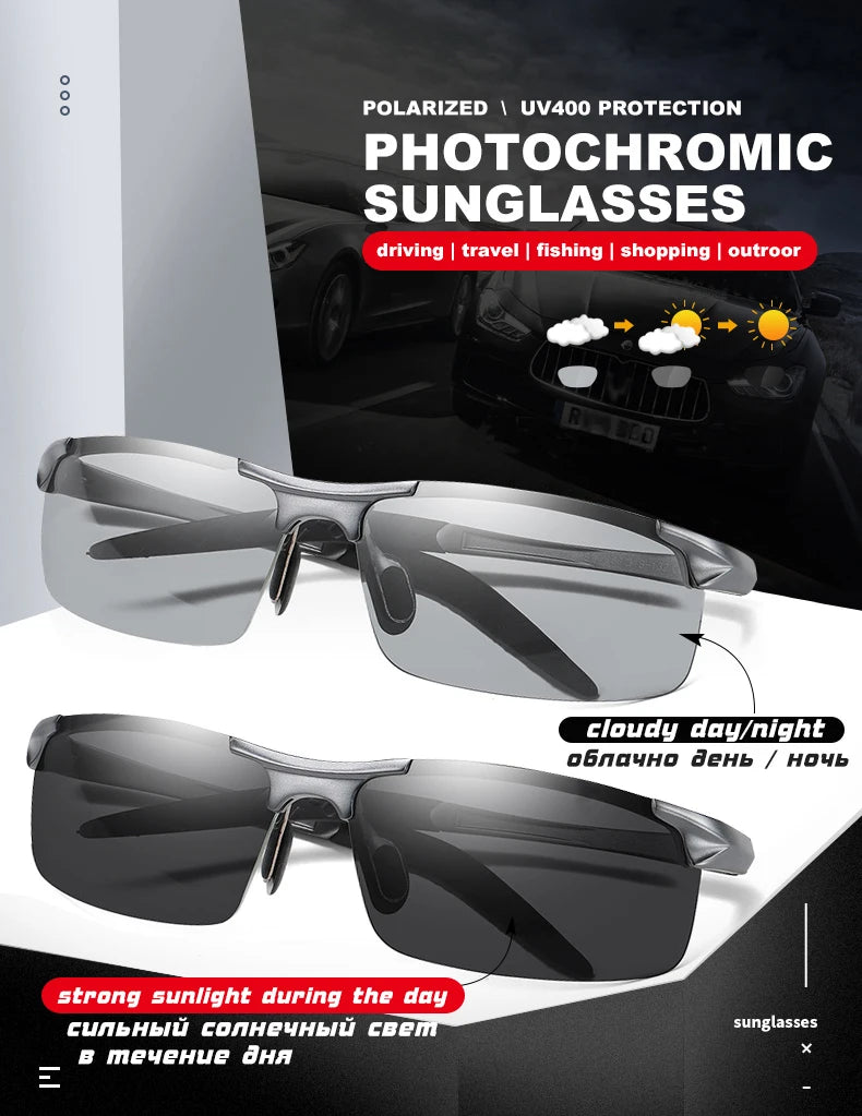 Lunettes de soleil aluminium photochromiques polarisées — jour/nuit, conduite, caméléon, anti-éblouissement, UV