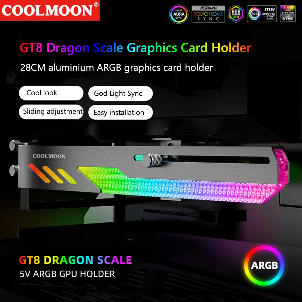 COl'hyMOON-Support de carte vidéo pour ordinateur, support GPU horizontal GT8, support de boîtier PC, kit de refroidissement, 5V ARGB