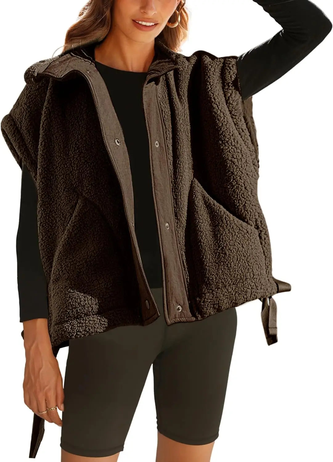 Gilet polaire pelucheux pour femme, surdimensionné, sans manches, Sherpa, chaud, boutonné, vêtements d'extérieur avec poches
