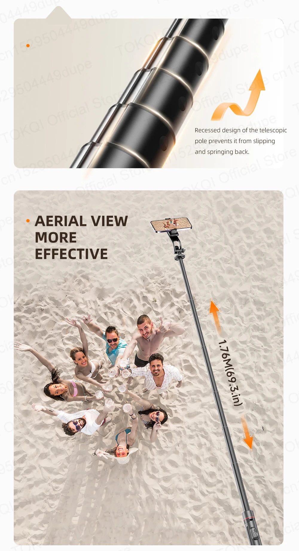TOKQI TT03 — Perche à Selfie Extensible 1.76m Ouverture Auto Télécommande Magnétique