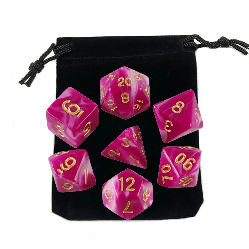 Dés polyédriques avec sac — jeu de société, jeu de rôle, d4, d6, d8, d10, d12, d20, 7 pièces
