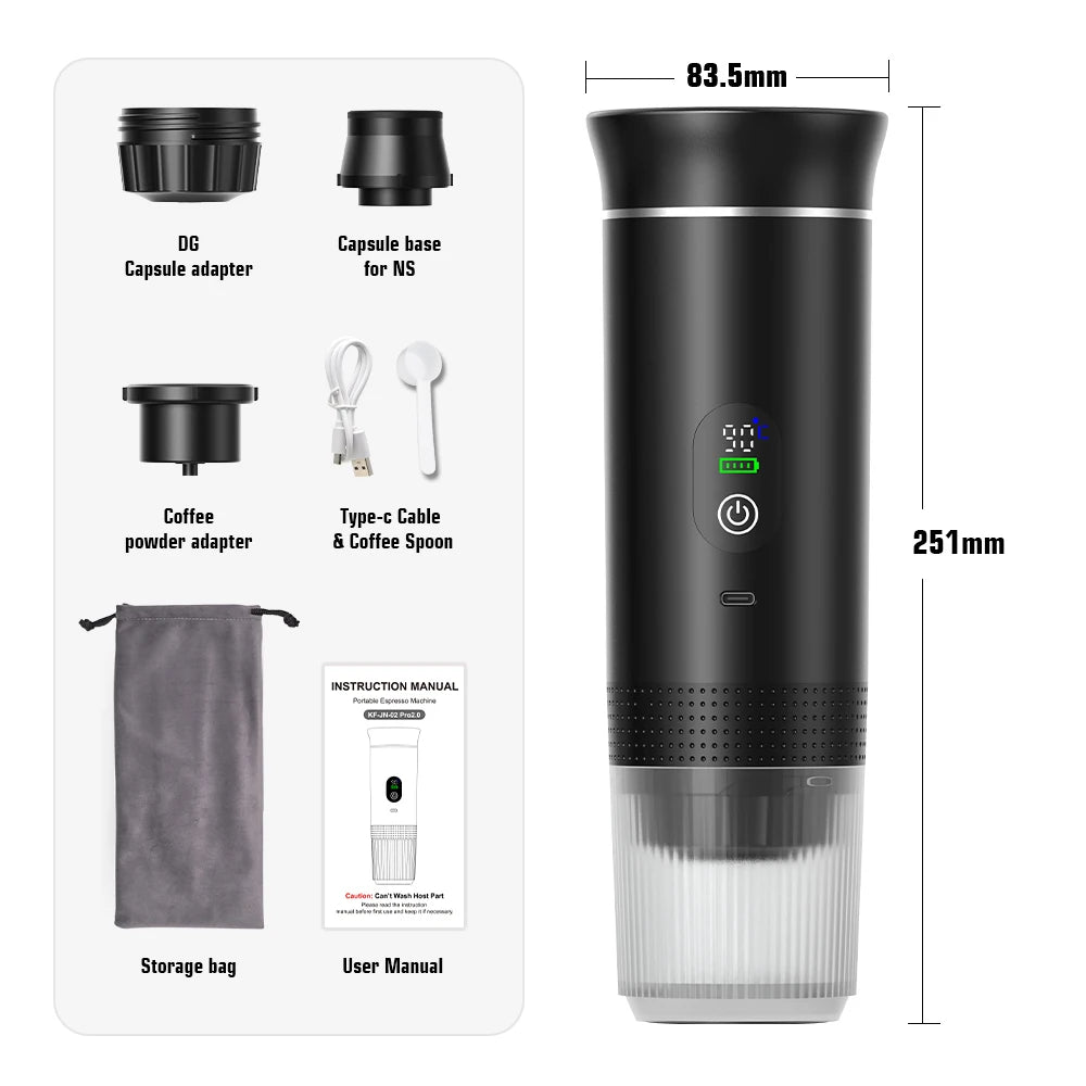 DENOKIN Cordless Portable Espresso Maker for Car and Camping, 80ml Water Tank, Digital Display, 3-in-1 Travel Coffee Maker for Capsules and Powders