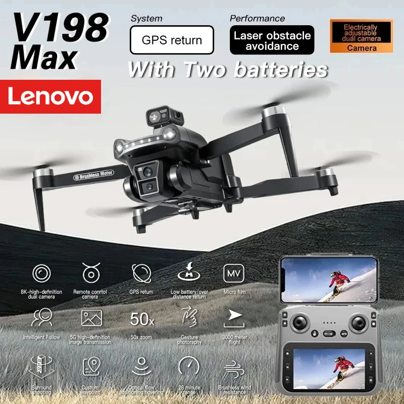 Drone GPS Lenovo V198Max 4K Profesional 8K HD Doble Cámara Motor Sin Escobillas 5G WIFI FPV RC Cuadricóptero Helicóptero con Pantalla Juguete