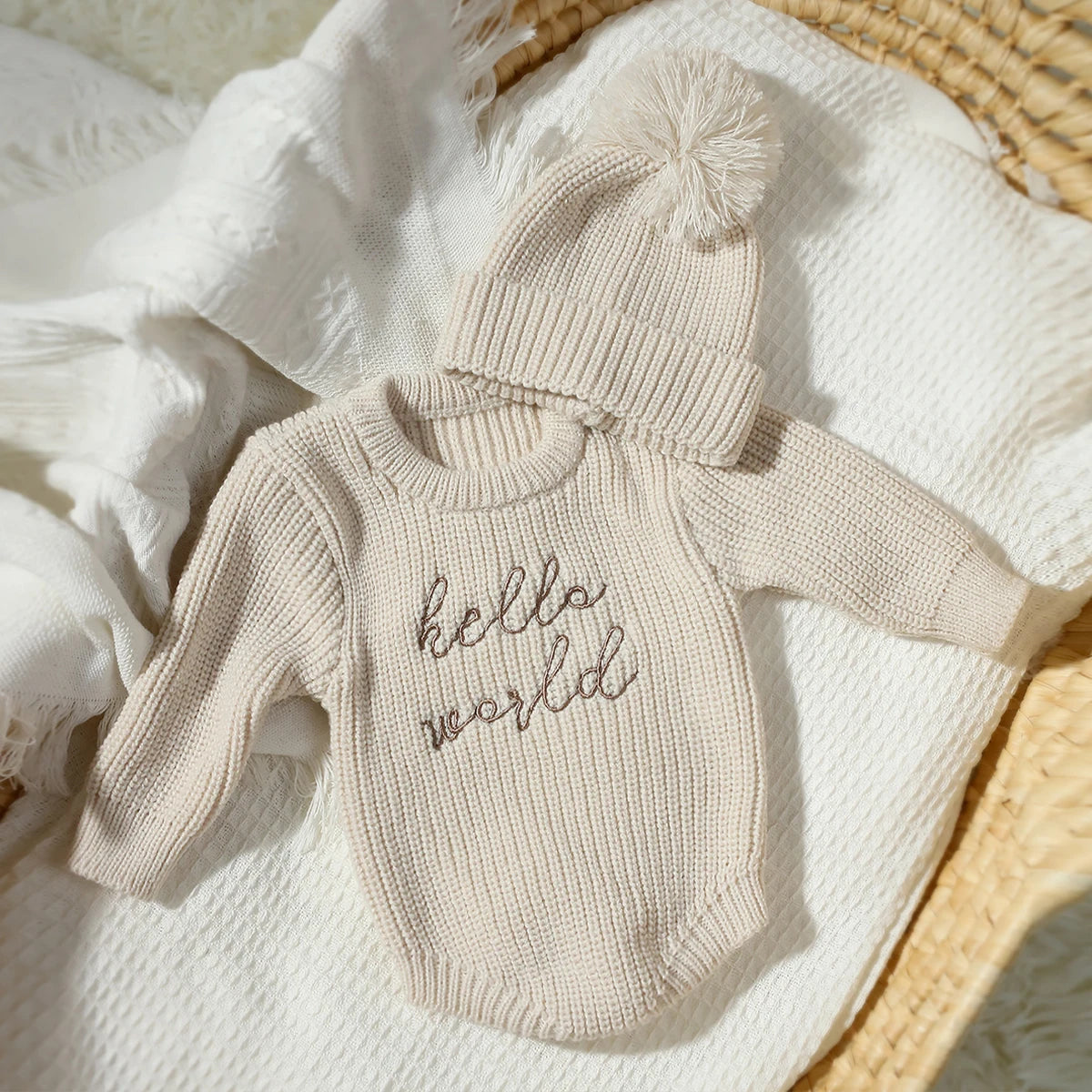 Barboteuse tricotée pour nouveau-né photographie — chapeau à pompon, pull bébé, séance photo HD (v3)