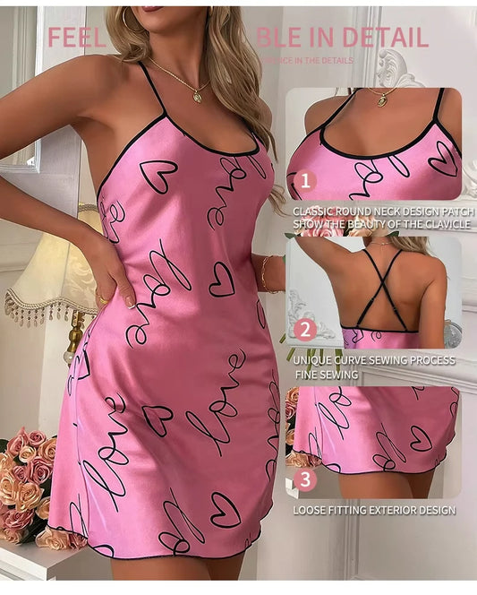 Camisón informal con estampado de letras y corazón, cuello redondo, tirantes finos, para mujer, ropa de dormir