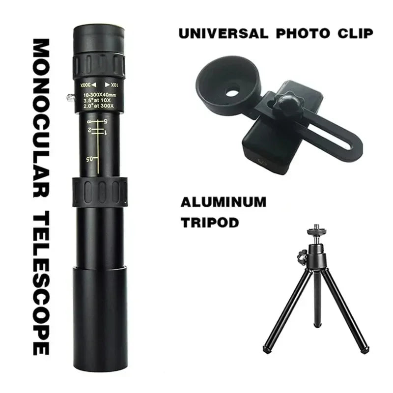 Télescope Zoom 10-300x40 HD 4K, jumelles portables solides, monoculaires professionnelles longue portée, BAK4-Prisms pour la chasse et le Camping