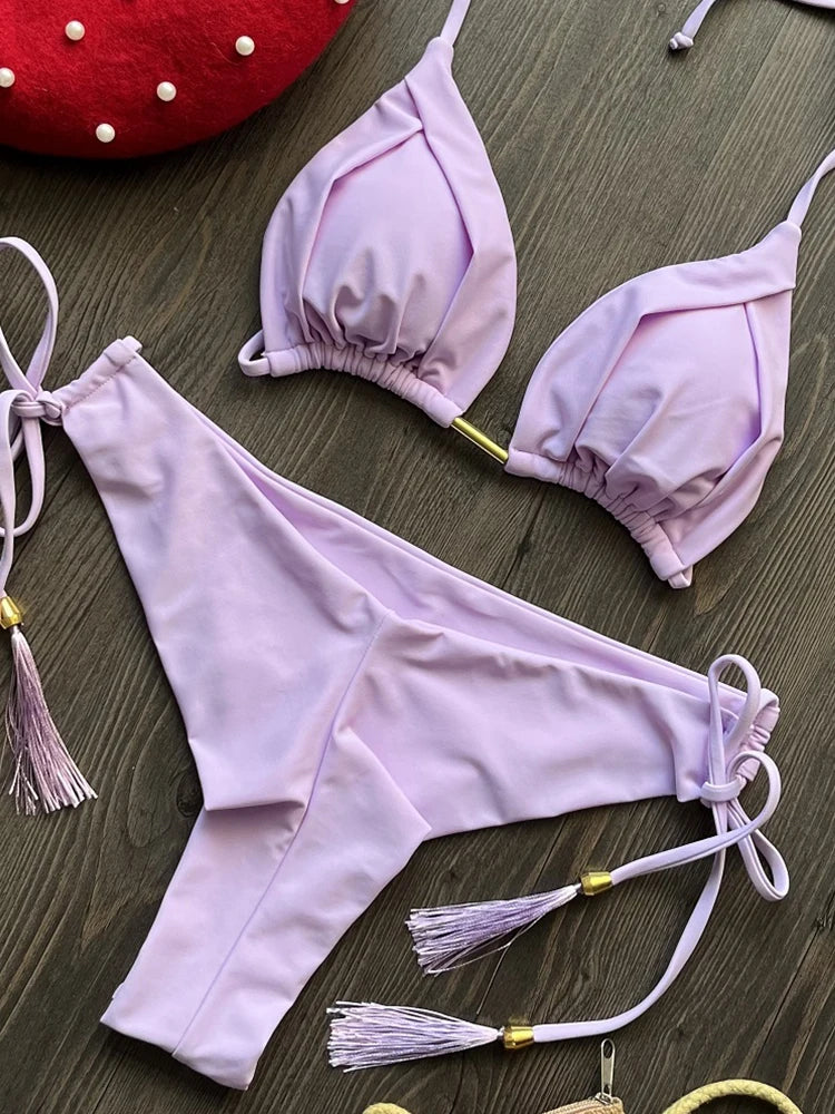 2025 nouveau Triangle Sexy maillot de bain pour femmes Bikinis brésiliens licou maillots de bain Push Up maillot de bain chaîne en métal plage Bikini ensemble