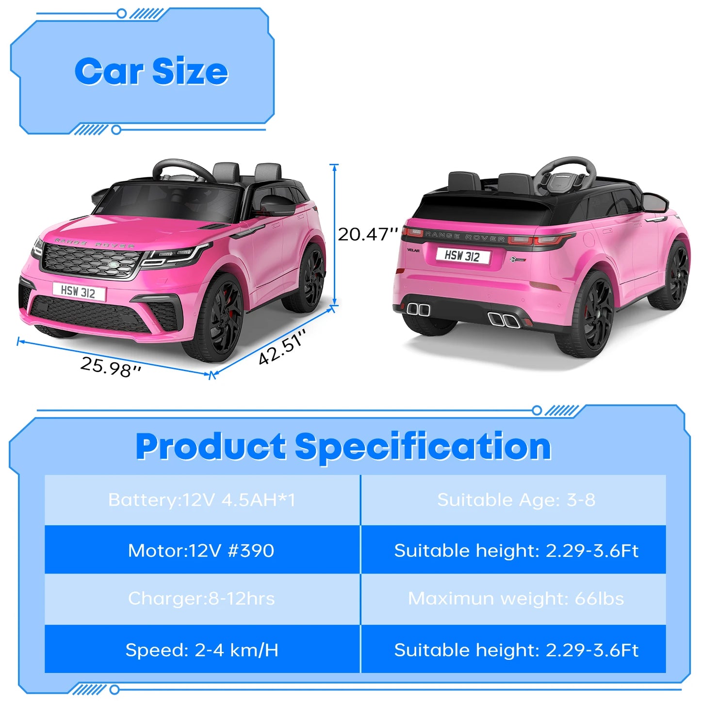 Kids' Electric Car, 4-8 Years, 12V, Parental Remote Control, MP3 Player, Rocking, Ribbed, New