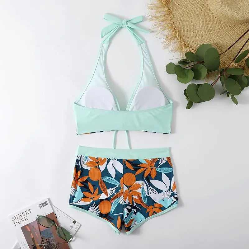 Ensemble de bikini halter 2026, maillot de bain court pour femme, maillot de bain taille haute imprimé, tenue de plage