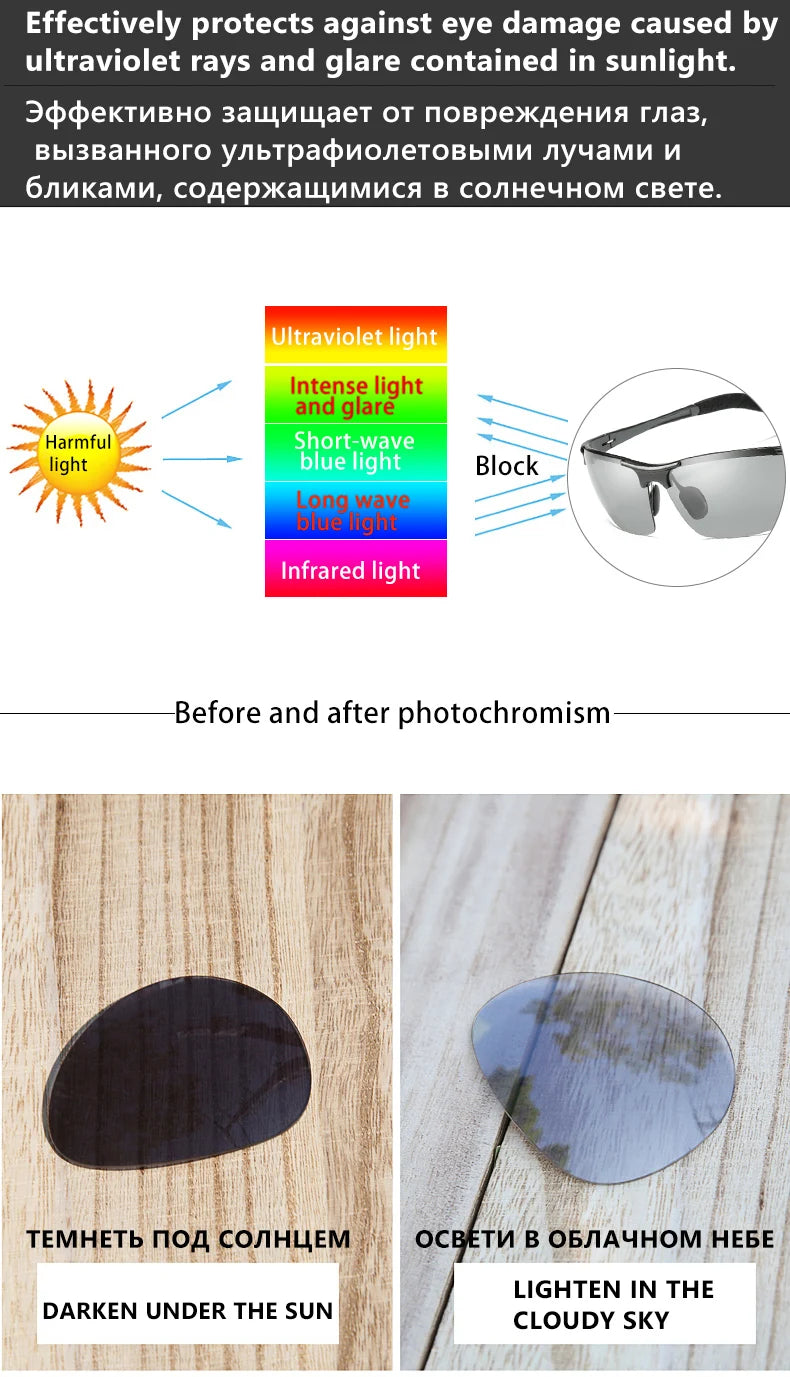 Lunettes de soleil aluminium photochromiques polarisées — jour/nuit, conduite, caméléon, anti-éblouissement, UV